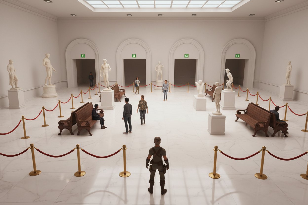 A bright museum gallery with marble statues, red velvet ropes, wooden benches and four arched exits under green exit signs
